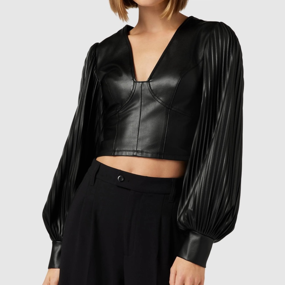 Guess Lani Faux Leather Pleated Top, Medium